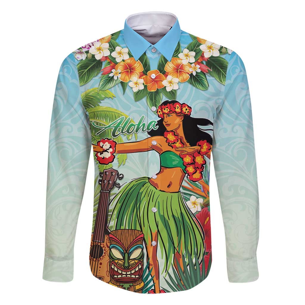 Hawaii Lei Day Family Matching Off Shoulder Short Dress and Hawaiian Shirt Hula Girl With Tropical Forest DT04 Dad's Shirt - Long Sleeve Blue - Polynesian Pride