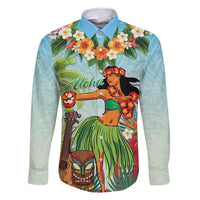 Hawaii Lei Day Family Matching Off Shoulder Short Dress and Hawaiian Shirt Hula Girl With Tropical Forest DT04 Dad's Shirt - Long Sleeve Blue - Polynesian Pride