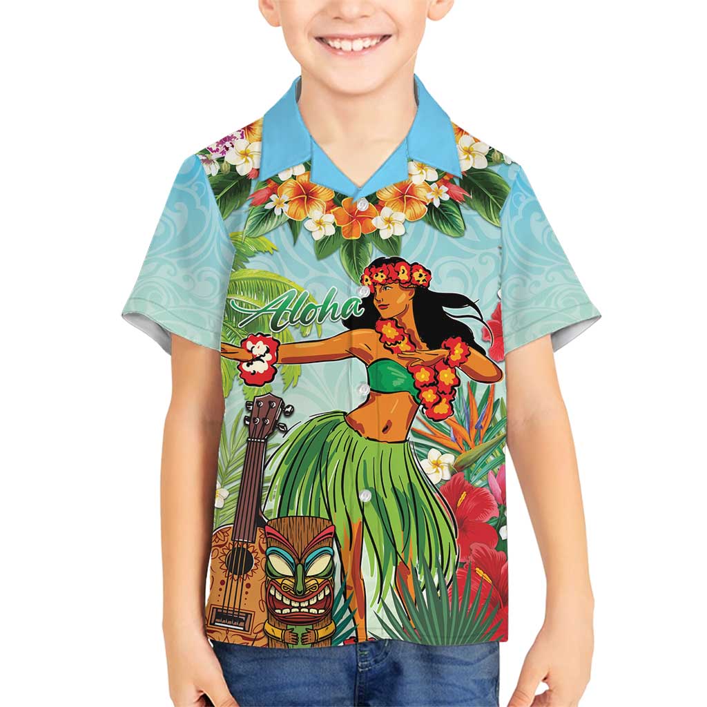 Hawaii Lei Day Family Matching Off Shoulder Short Dress and Hawaiian Shirt Hula Girl With Tropical Forest DT04 Son's Shirt Blue - Polynesian Pride