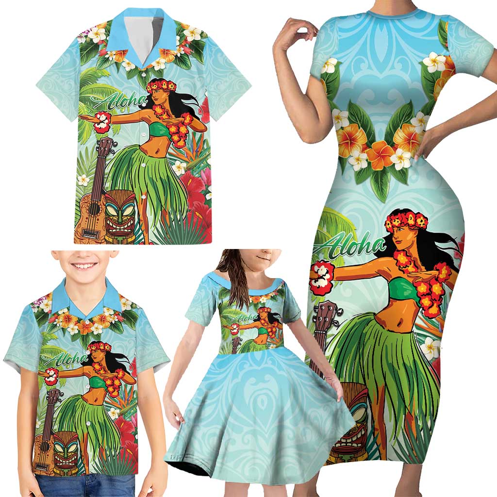 Hawaii Lei Day Family Matching Short Sleeve Bodycon Dress and Hawaiian Shirt Hula Girl With Tropical Forest DT04 - Polynesian Pride