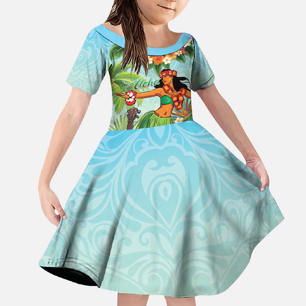 Hawaii Lei Day Family Matching Summer Maxi Dress and Hawaiian Shirt Hula Girl With Tropical Forest DT04 Daughter's Dress Blue - Polynesian Pride