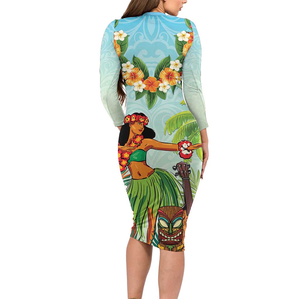 Hawaii Lei Day Long Sleeve Bodycon Dress Hula Girl With Tropical Forest