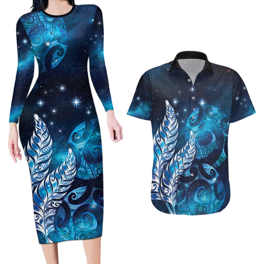 New Zealand Matariki Couples Matching Long Sleeve Bodycon Dress and Hawaiian Shirt Maori Koru Mix Silver Fern DT04 Blue - Polynesian Pride