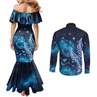New Zealand Matariki Couples Matching Mermaid Dress and Long Sleeve Button Shirt Maori Koru Mix Silver Fern DT04 - Polynesian Pride