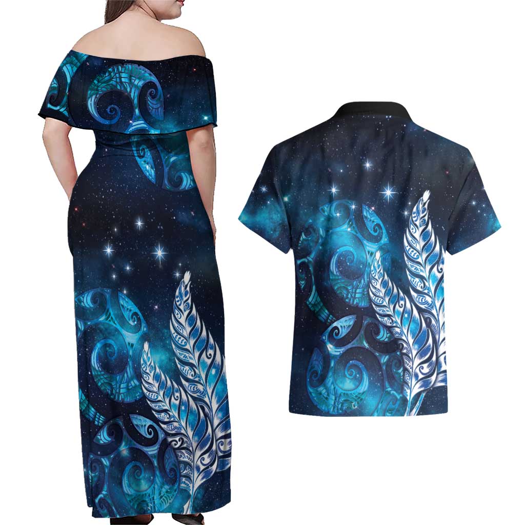 New Zealand Matariki Couples Matching Off Shoulder Maxi Dress and Hawaiian Shirt Maori Koru Mix Silver Fern DT04 - Polynesian Pride