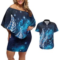 New Zealand Matariki Couples Matching Off Shoulder Short Dress and Hawaiian Shirt Maori Koru Mix Silver Fern DT04 Blue - Polynesian Pride