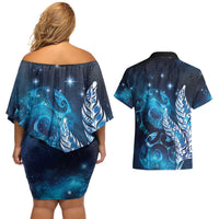 New Zealand Matariki Couples Matching Off Shoulder Short Dress and Hawaiian Shirt Maori Koru Mix Silver Fern DT04 - Polynesian Pride