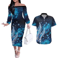 New Zealand Matariki Couples Matching Off The Shoulder Long Sleeve Dress and Hawaiian Shirt Maori Koru Mix Silver Fern DT04 Blue - Polynesian Pride