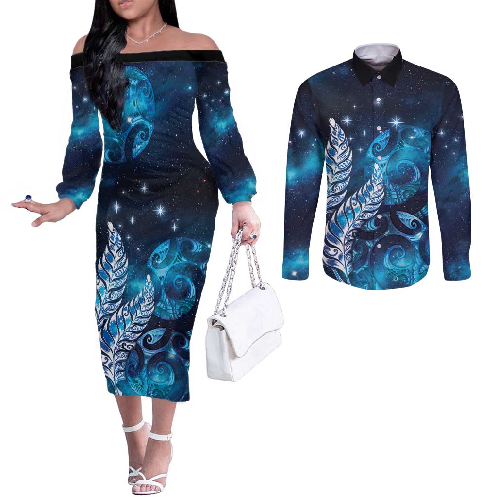 New Zealand Matariki Couples Matching Off The Shoulder Long Sleeve Dress and Long Sleeve Button Shirt Maori Koru Mix Silver Fern DT04 Blue - Polynesian Pride