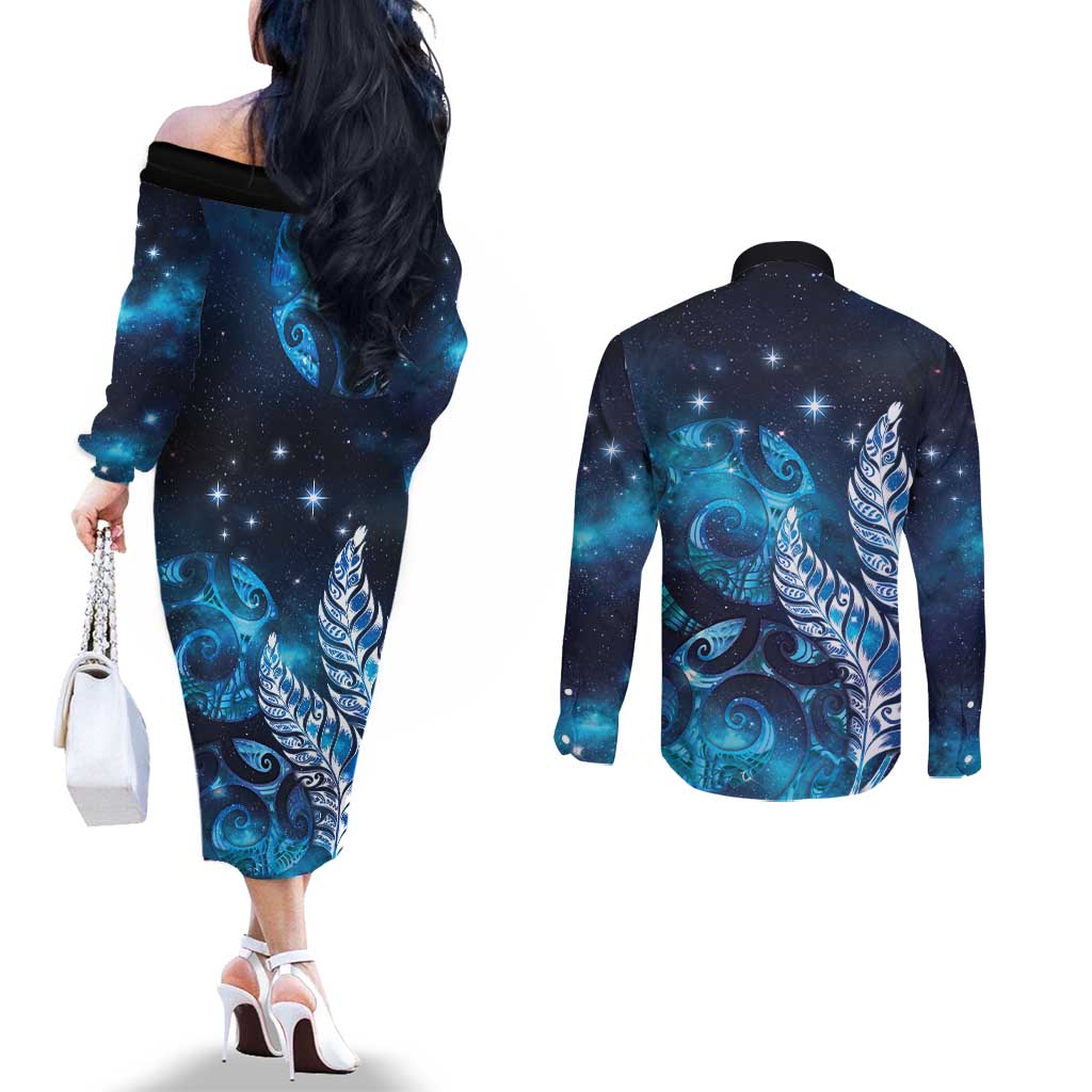 New Zealand Matariki Couples Matching Off The Shoulder Long Sleeve Dress and Long Sleeve Button Shirt Maori Koru Mix Silver Fern DT04 - Polynesian Pride