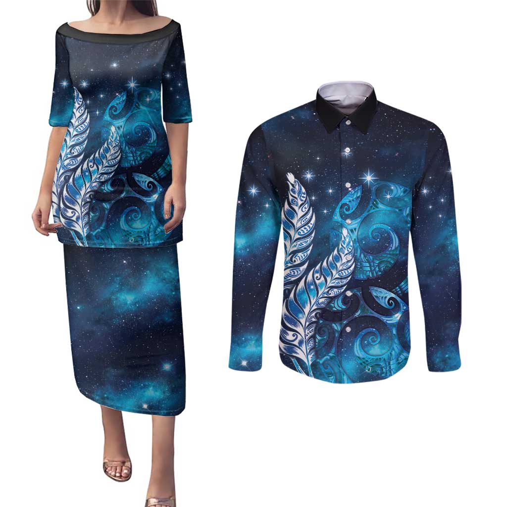 New Zealand Matariki Couples Matching Puletasi and Long Sleeve Button Shirt Maori Koru Mix Silver Fern