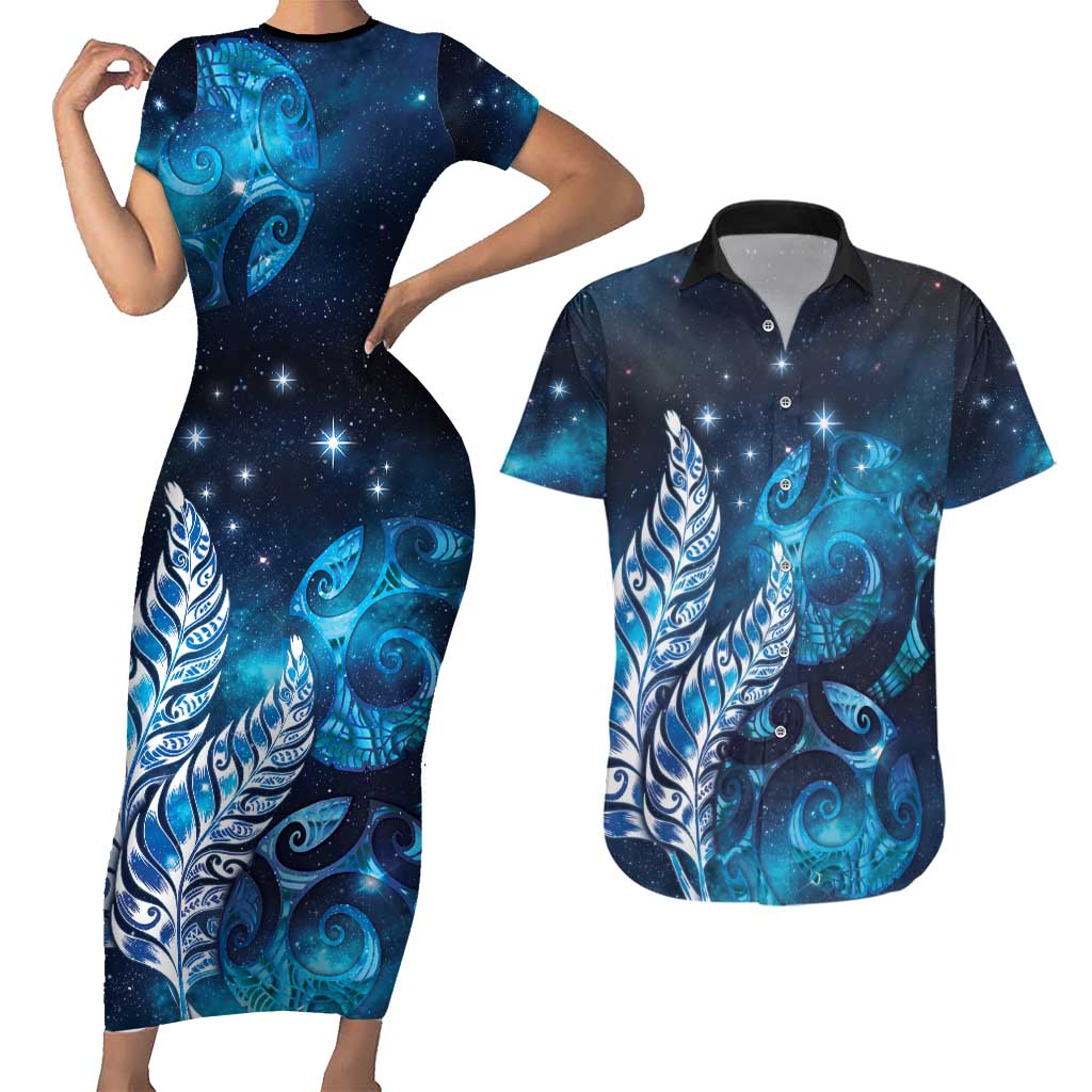 New Zealand Matariki Couples Matching Short Sleeve Bodycon Dress and Hawaiian Shirt Maori Koru Mix Silver Fern DT04 Blue - Polynesian Pride