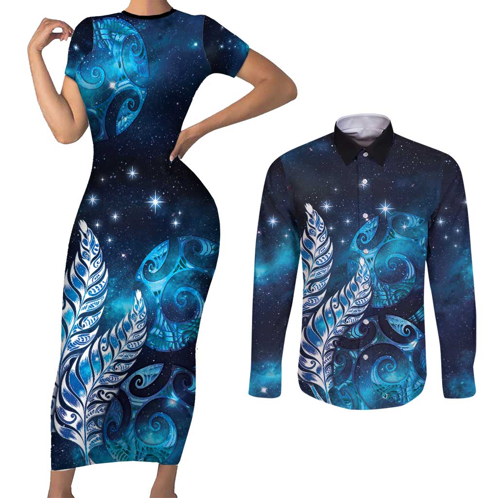 New Zealand Matariki Couples Matching Short Sleeve Bodycon Dress and Long Sleeve Button Shirt Maori Koru Mix Silver Fern DT04 Blue - Polynesian Pride