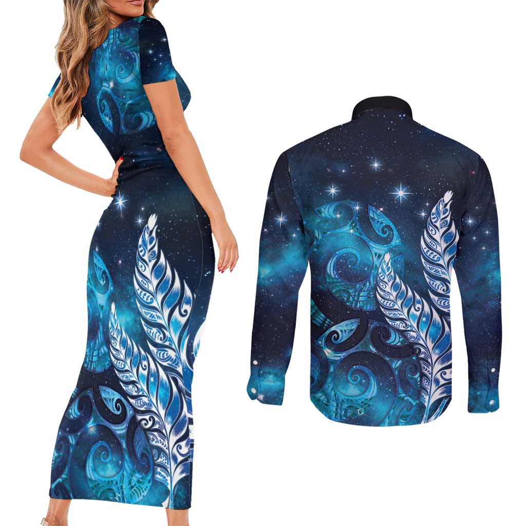 New Zealand Matariki Couples Matching Short Sleeve Bodycon Dress and Long Sleeve Button Shirt Maori Koru Mix Silver Fern DT04 - Polynesian Pride