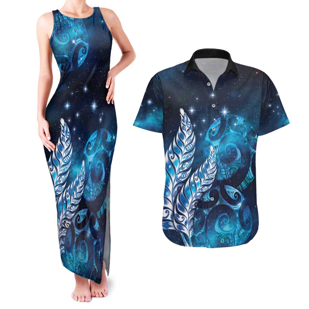 New Zealand Matariki Couples Matching Tank Maxi Dress and Hawaiian Shirt Maori Koru Mix Silver Fern DT04 Blue - Polynesian Pride