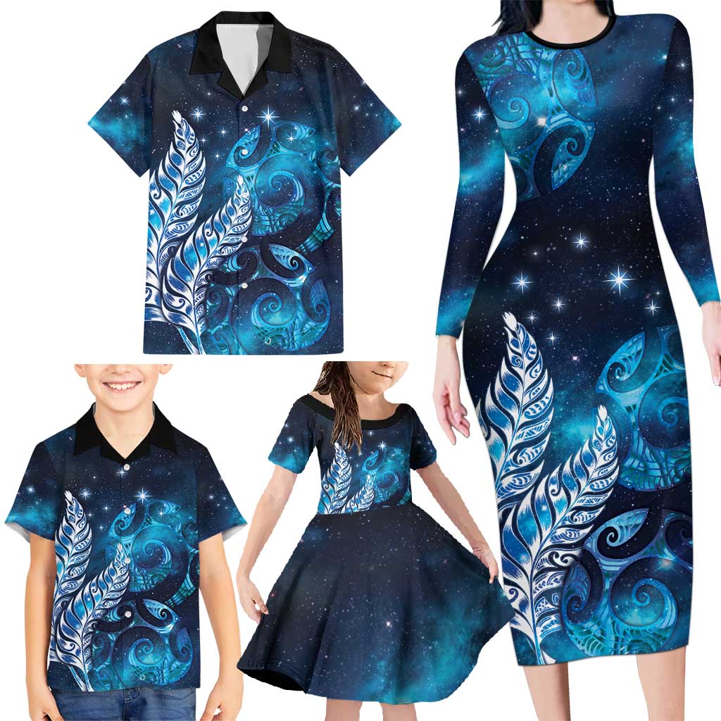 New Zealand Matariki Family Matching Long Sleeve Bodycon Dress and Hawaiian Shirt Maori Koru Mix Silver Fern DT04 - Polynesian Pride