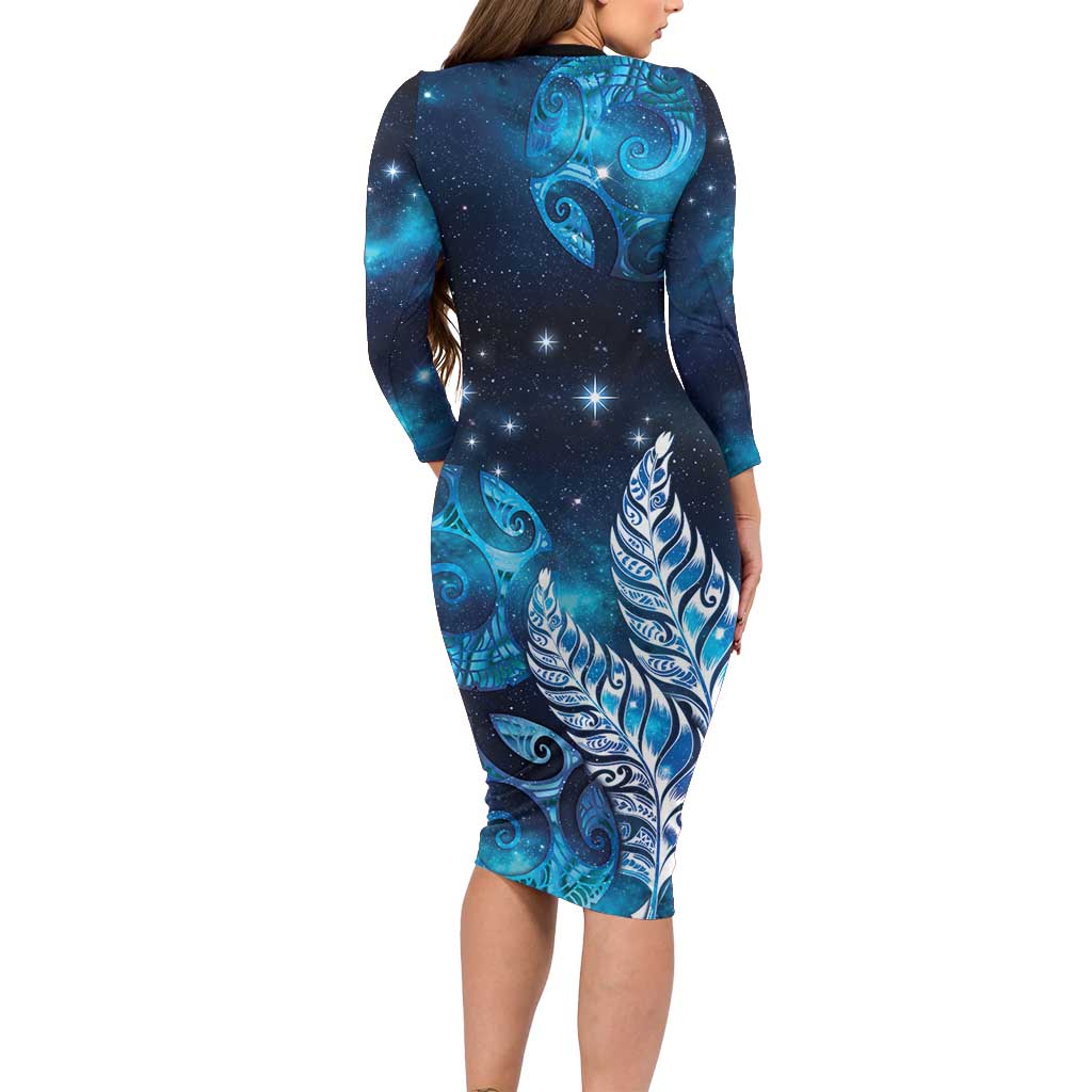 New Zealand Matariki Family Matching Long Sleeve Bodycon Dress and Hawaiian Shirt Maori Koru Mix Silver Fern DT04 - Polynesian Pride