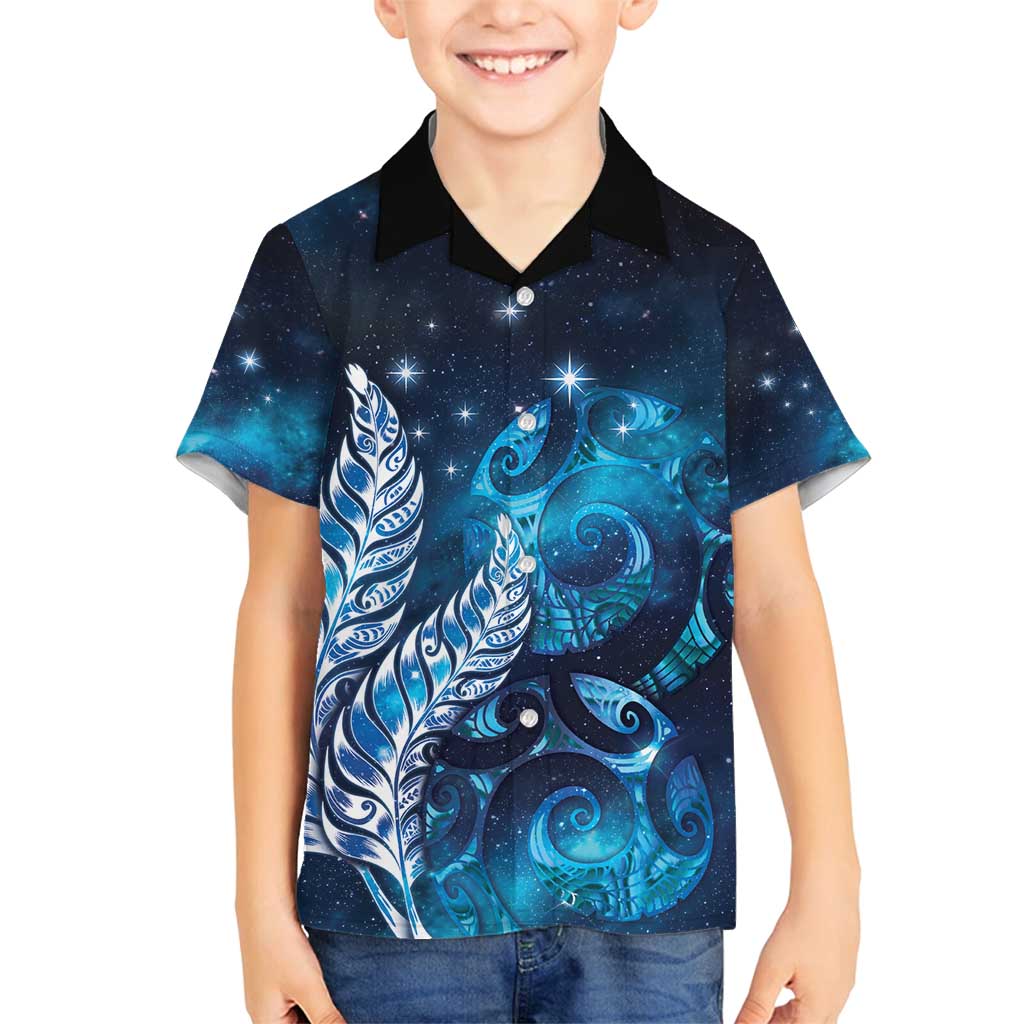 New Zealand Matariki Family Matching Long Sleeve Bodycon Dress and Hawaiian Shirt Maori Koru Mix Silver Fern DT04 Son's Shirt Blue - Polynesian Pride