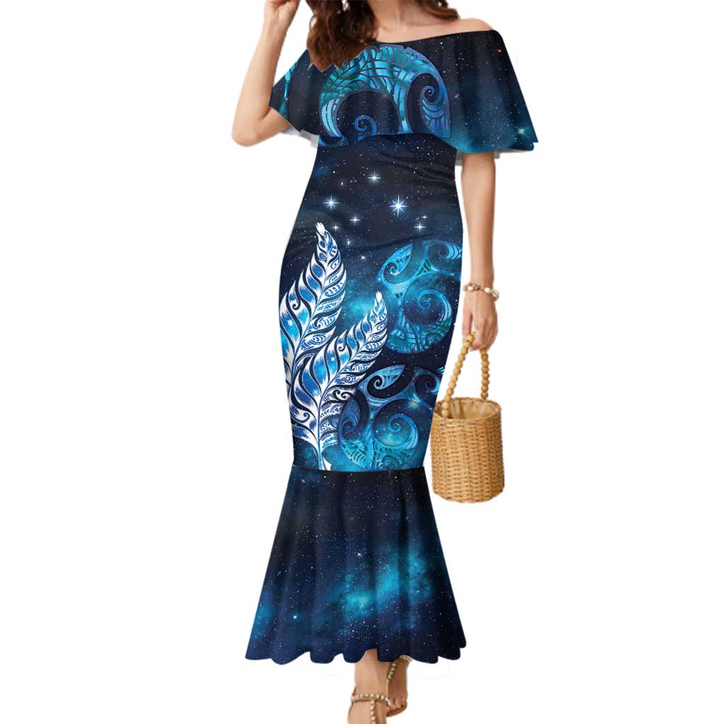 New Zealand Matariki Family Matching Mermaid Dress and Hawaiian Shirt Maori Koru Mix Silver Fern DT04 Mom's Dress Blue - Polynesian Pride