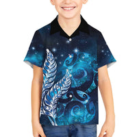New Zealand Matariki Family Matching Off The Shoulder Long Sleeve Dress and Hawaiian Shirt Maori Koru Mix Silver Fern DT04 Son's Shirt Blue - Polynesian Pride