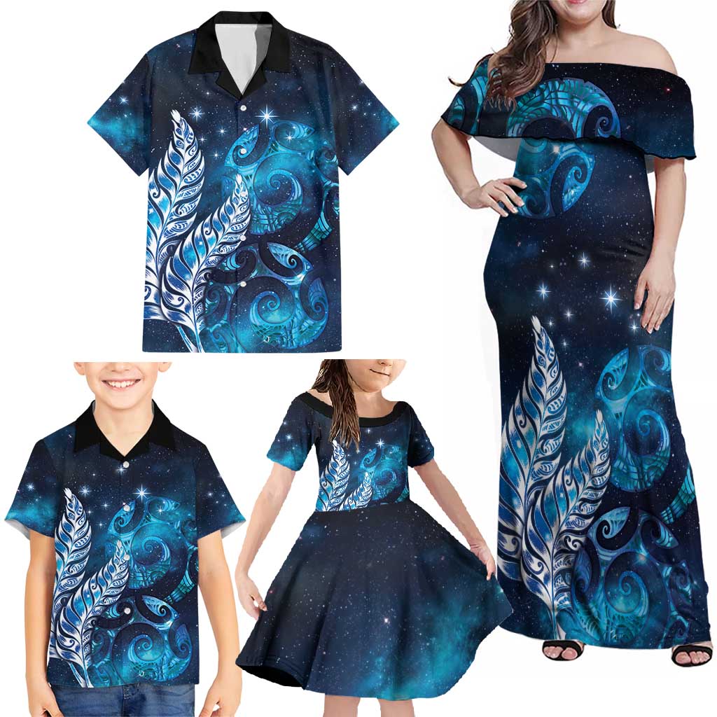 New Zealand Matariki Family Matching Off Shoulder Maxi Dress and Hawaiian Shirt Maori Koru Mix Silver Fern DT04 - Polynesian Pride