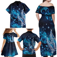 New Zealand Matariki Family Matching Off Shoulder Maxi Dress and Hawaiian Shirt Maori Koru Mix Silver Fern DT04 - Polynesian Pride