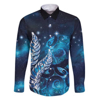 New Zealand Matariki Family Matching Off Shoulder Maxi Dress and Hawaiian Shirt Maori Koru Mix Silver Fern DT04 Dad's Shirt - Long Sleeve Blue - Polynesian Pride