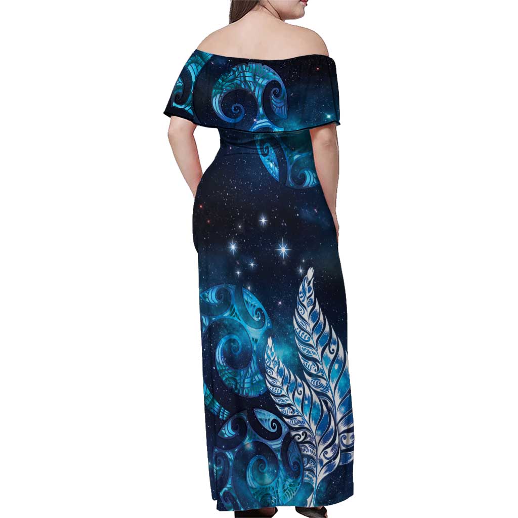 New Zealand Matariki Family Matching Off Shoulder Maxi Dress and Hawaiian Shirt Maori Koru Mix Silver Fern DT04 - Polynesian Pride