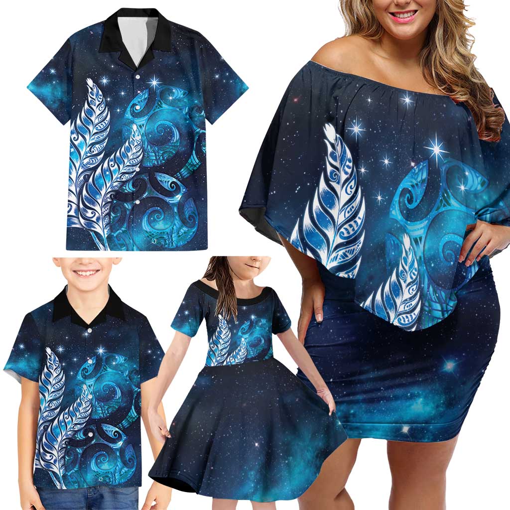 New Zealand Matariki Family Matching Off Shoulder Short Dress and Hawaiian Shirt Maori Koru Mix Silver Fern DT04 - Polynesian Pride