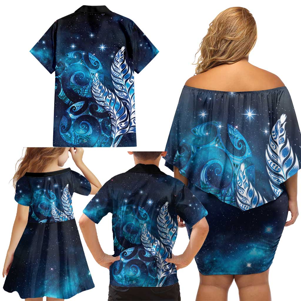 New Zealand Matariki Family Matching Off Shoulder Short Dress and Hawaiian Shirt Maori Koru Mix Silver Fern DT04 - Polynesian Pride