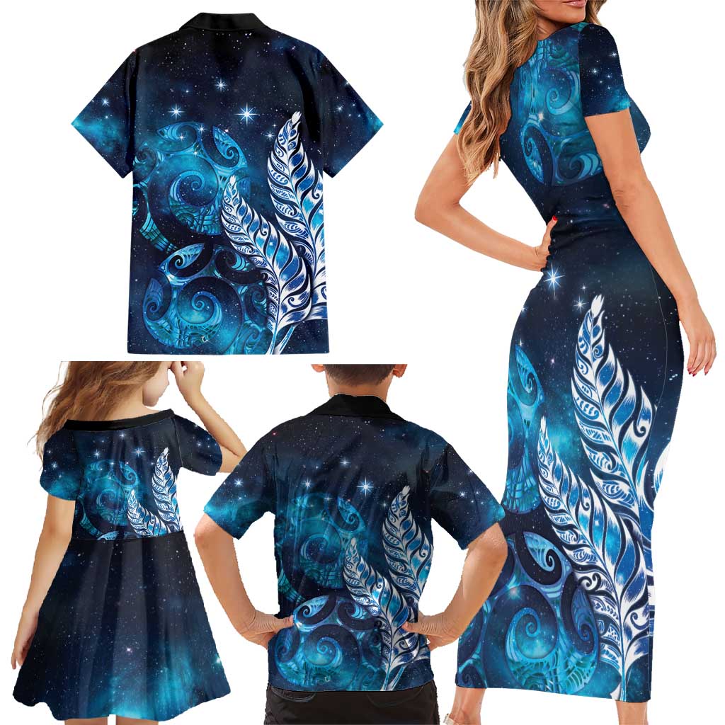 New Zealand Matariki Family Matching Short Sleeve Bodycon Dress and Hawaiian Shirt Maori Koru Mix Silver Fern DT04 - Polynesian Pride