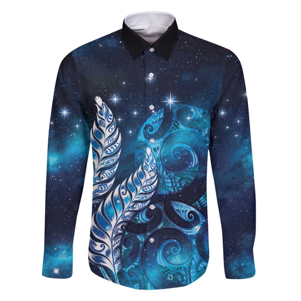 New Zealand Matariki Family Matching Summer Maxi Dress and Hawaiian Shirt Maori Koru Mix Silver Fern DT04 Dad's Shirt - Long Sleeve Blue - Polynesian Pride