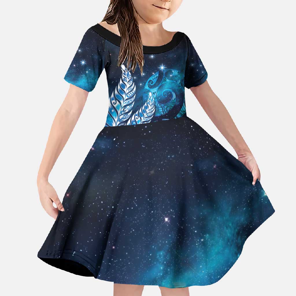 New Zealand Matariki Family Matching Tank Maxi Dress and Hawaiian Shirt Maori Koru Mix Silver Fern DT04 Daughter's Dress Blue - Polynesian Pride