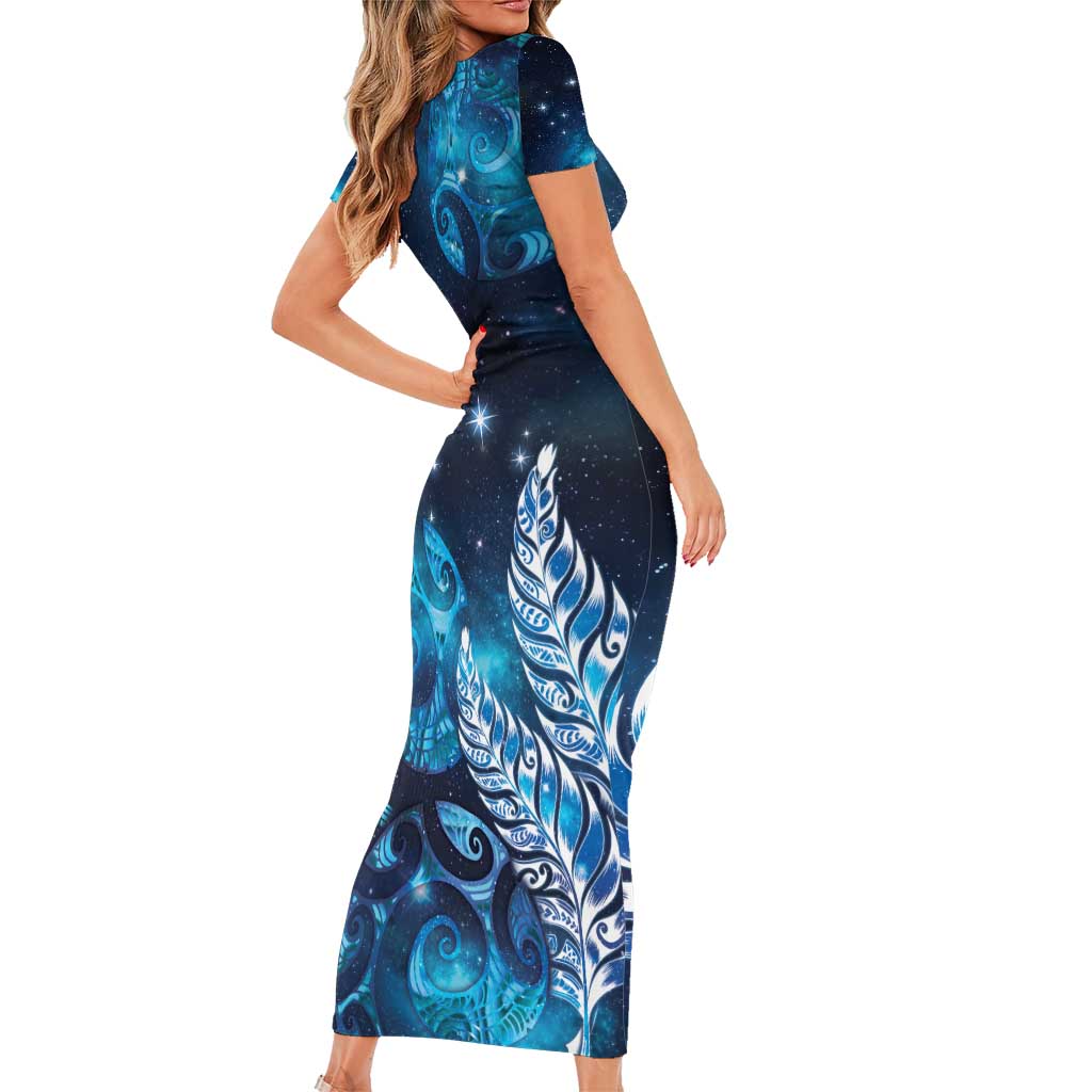 New Zealand Matariki Short Sleeve Bodycon Dress Maori Koru Mix Silver Fern