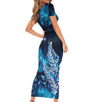 New Zealand Matariki Short Sleeve Bodycon Dress Maori Koru Mix Silver Fern