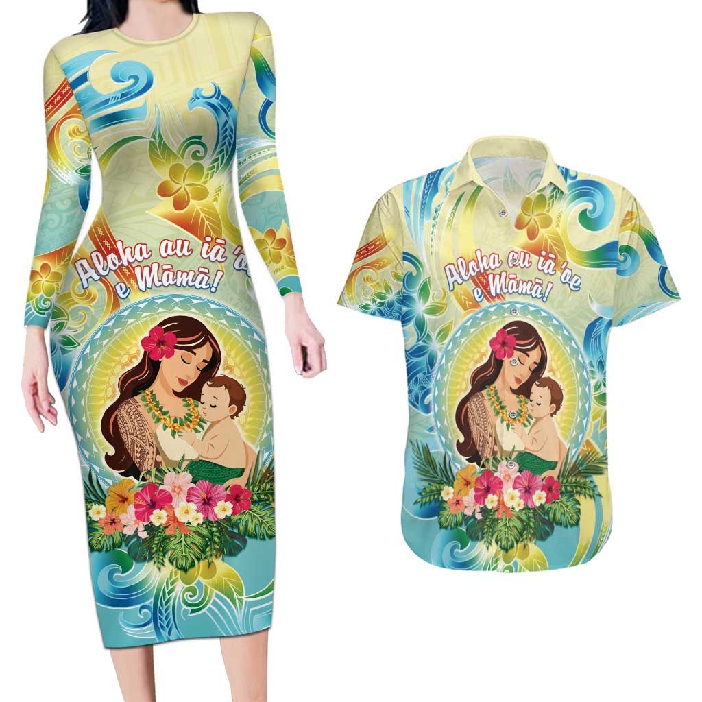 Personalised Hawaii Mother's Day Couples Matching Long Sleeve Bodycon Dress and Hawaiian Shirt I Love You Mom DT04 Yellow - Polynesian Pride
