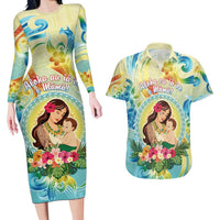 Personalised Hawaii Mother's Day Couples Matching Long Sleeve Bodycon Dress and Hawaiian Shirt I Love You Mom DT04 Yellow - Polynesian Pride