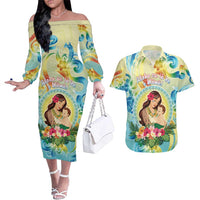 Personalised Hawaii Mother's Day Couples Matching Off The Shoulder Long Sleeve Dress and Hawaiian Shirt I Love You Mom DT04 Yellow - Polynesian Pride