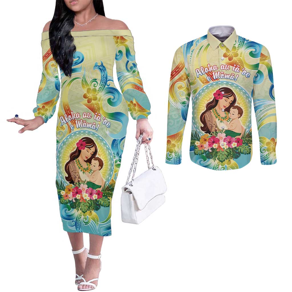 Personalised Hawaii Mother's Day Couples Matching Off The Shoulder Long Sleeve Dress and Long Sleeve Button Shirt I Love You Mom DT04 Yellow - Polynesian Pride