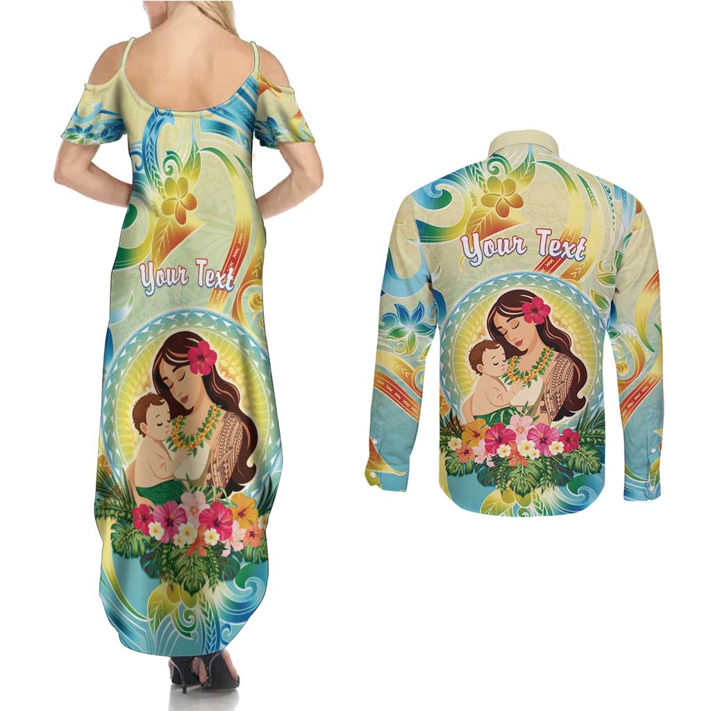 Personalised Hawaii Mother's Day Couples Matching Summer Maxi Dress and Long Sleeve Button Shirt I Love You Mom