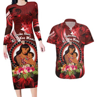 Personalised New Zealand Mother's Day Couples Matching Long Sleeve Bodycon Dress and Hawaiian Shirt I Love You Mom DT04 Red - Polynesian Pride