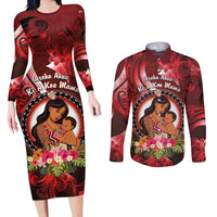 Personalised New Zealand Mother's Day Couples Matching Long Sleeve Bodycon Dress and Long Sleeve Button Shirt I Love You Mom DT04 Red - Polynesian Pride