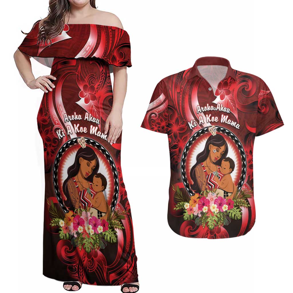 Personalised New Zealand Mother's Day Couples Matching Off Shoulder Maxi Dress and Hawaiian Shirt I Love You Mom DT04 Red - Polynesian Pride
