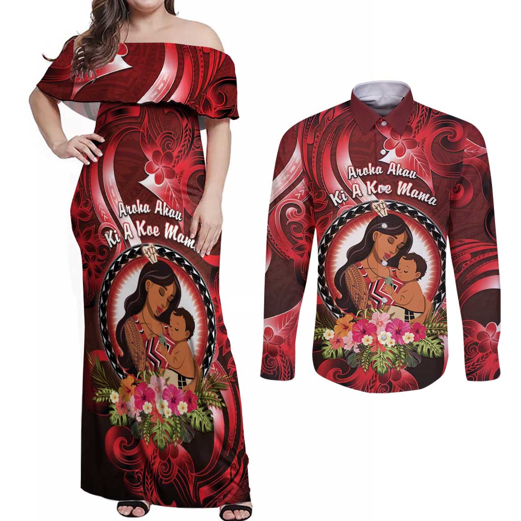 Personalised New Zealand Mother's Day Couples Matching Off Shoulder Maxi Dress and Long Sleeve Button Shirt I Love You Mom DT04 Red - Polynesian Pride