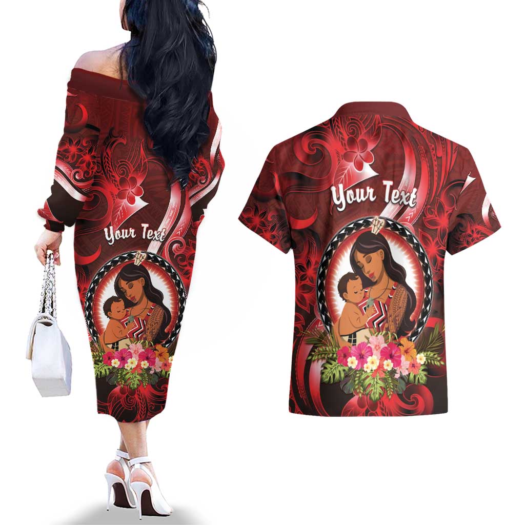 Personalised New Zealand Mother's Day Couples Matching Off The Shoulder Long Sleeve Dress and Hawaiian Shirt I Love You Mom DT04 - Polynesian Pride