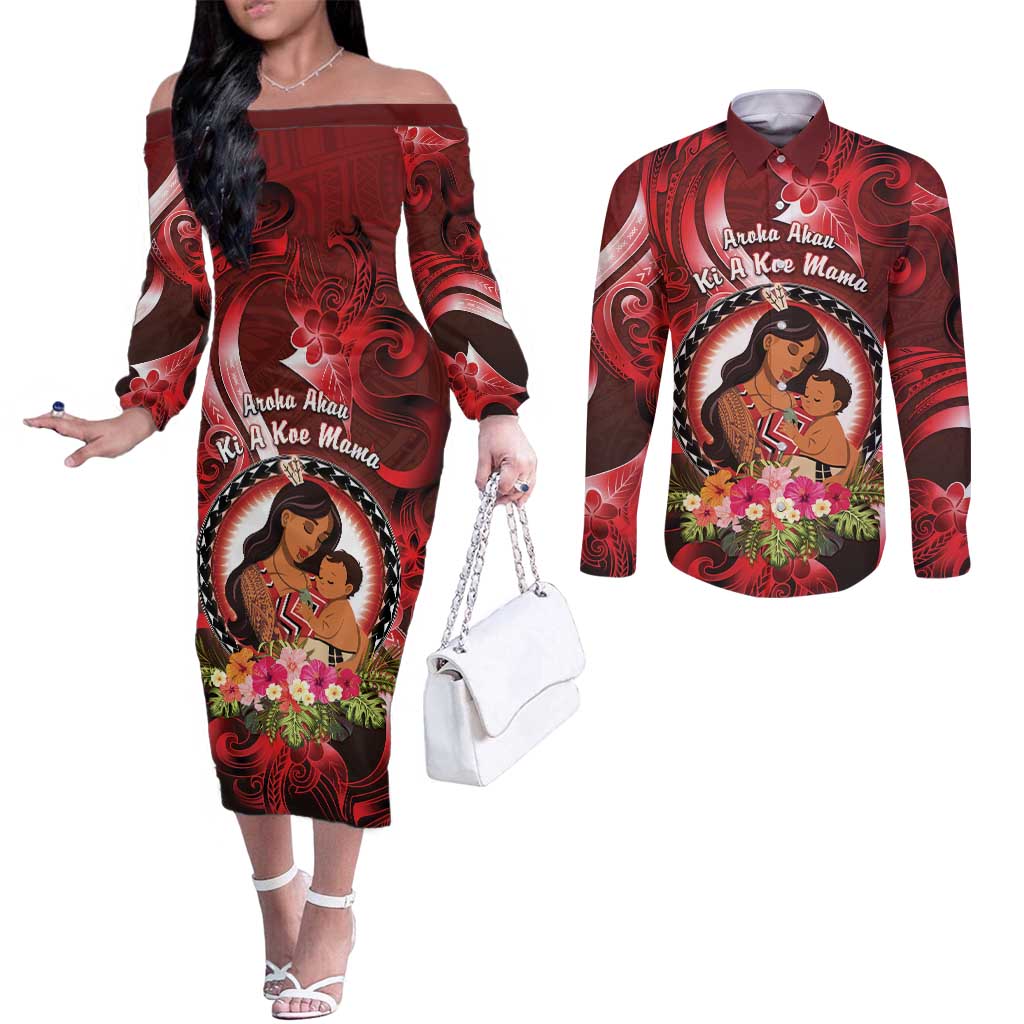 Personalised New Zealand Mother's Day Couples Matching Off The Shoulder Long Sleeve Dress and Long Sleeve Button Shirt I Love You Mom