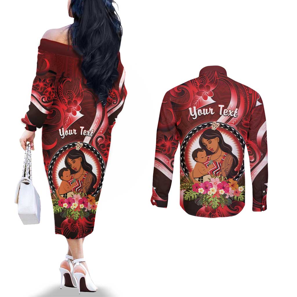 Personalised New Zealand Mother's Day Couples Matching Off The Shoulder Long Sleeve Dress and Long Sleeve Button Shirt I Love You Mom DT04 - Polynesian Pride