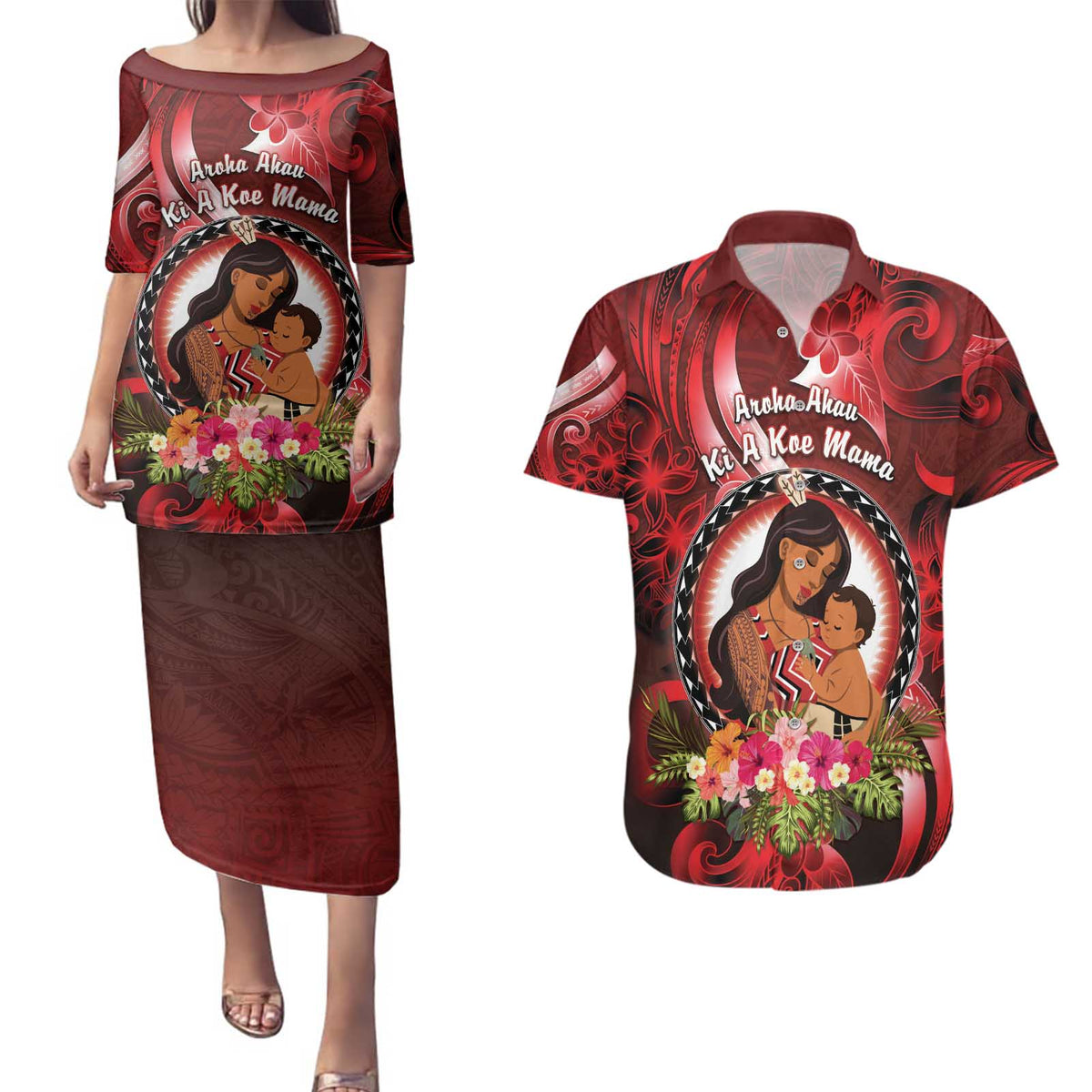 Personalised New Zealand Mother's Day Couples Matching Puletasi and Hawaiian Shirt I Love You Mom DT04 Red - Polynesian Pride