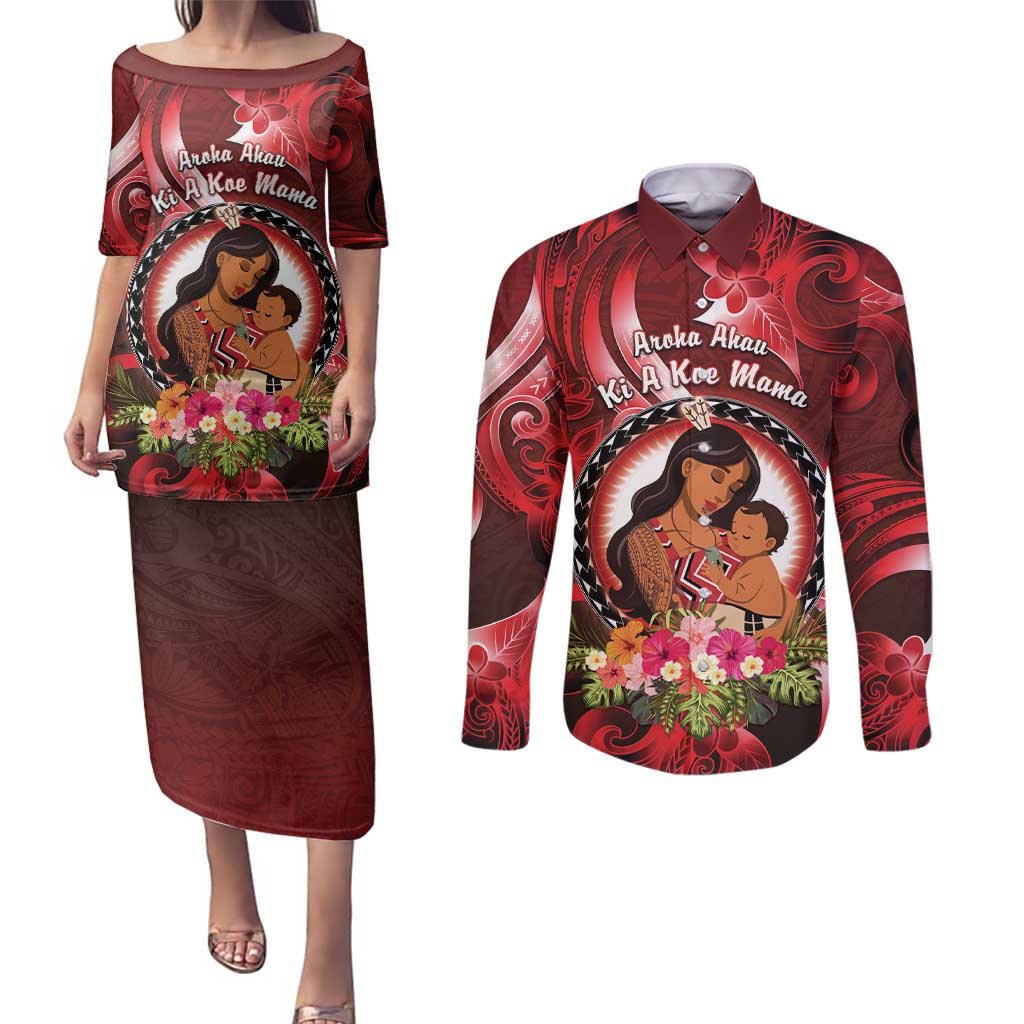 Personalised New Zealand Mother's Day Couples Matching Puletasi and Long Sleeve Button Shirt I Love You Mom DT04 Red - Polynesian Pride