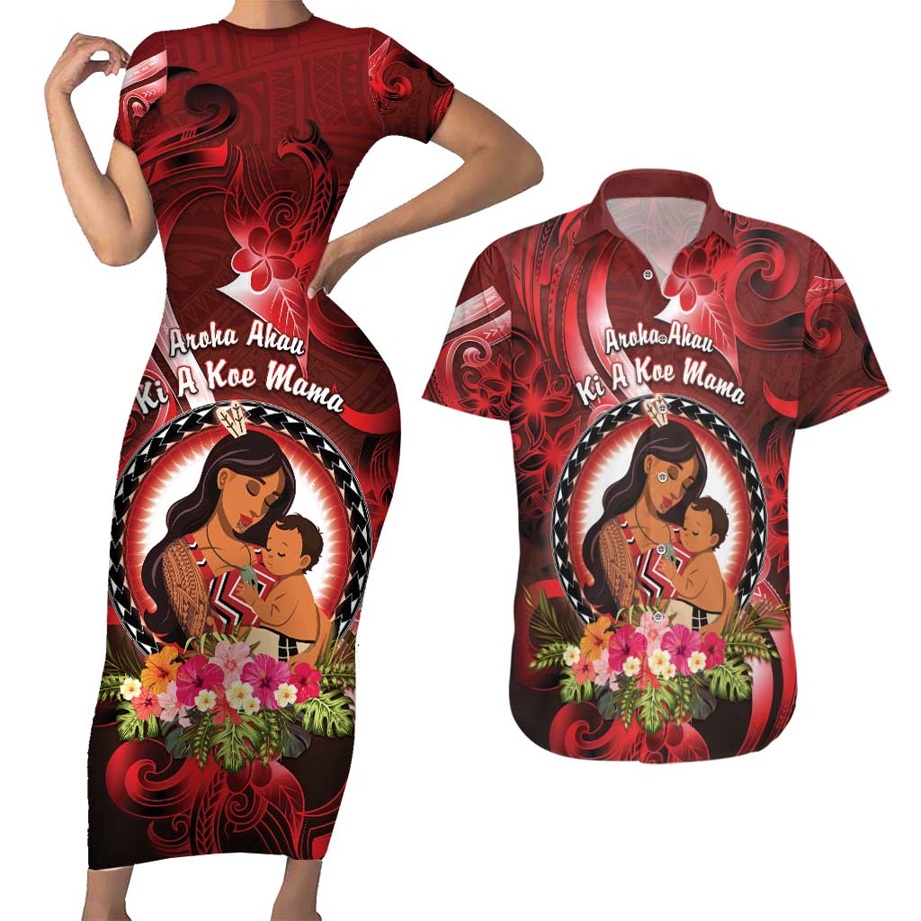 Personalised New Zealand Mother's Day Couples Matching Short Sleeve Bodycon Dress and Hawaiian Shirt I Love You Mom DT04 Red - Polynesian Pride